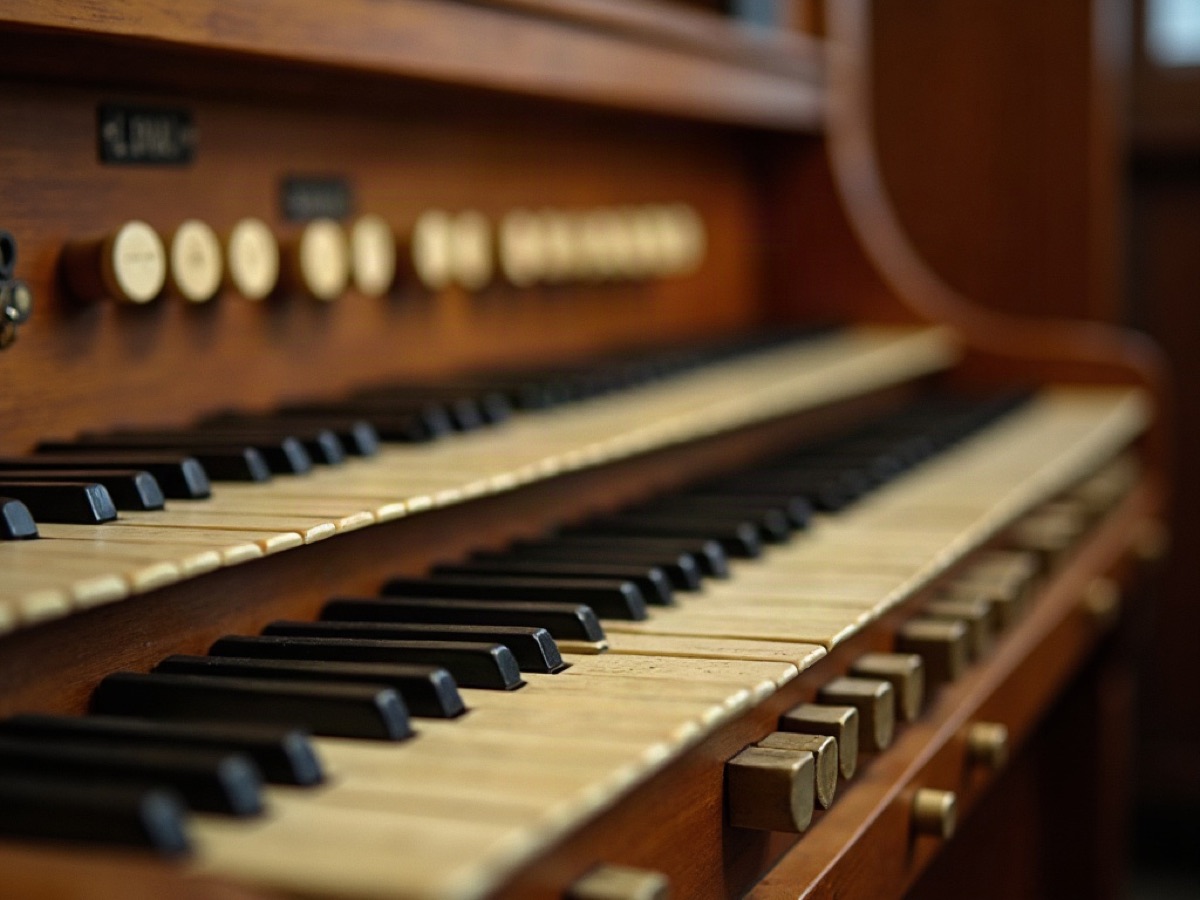 Wooden organ console with two manuals, drawknobs, and part of the pedalboard