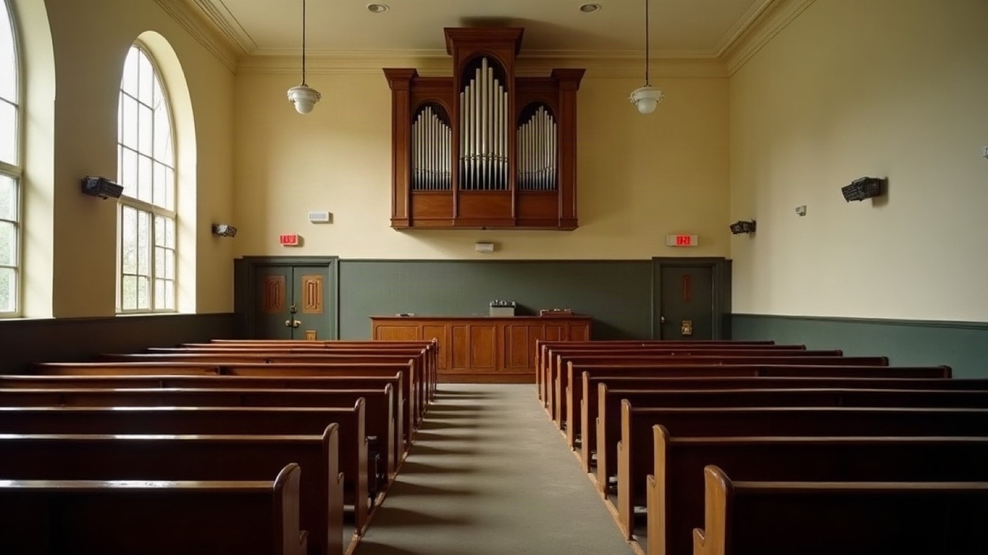 Empty school auditorium with a pipe organ centered on the far wall