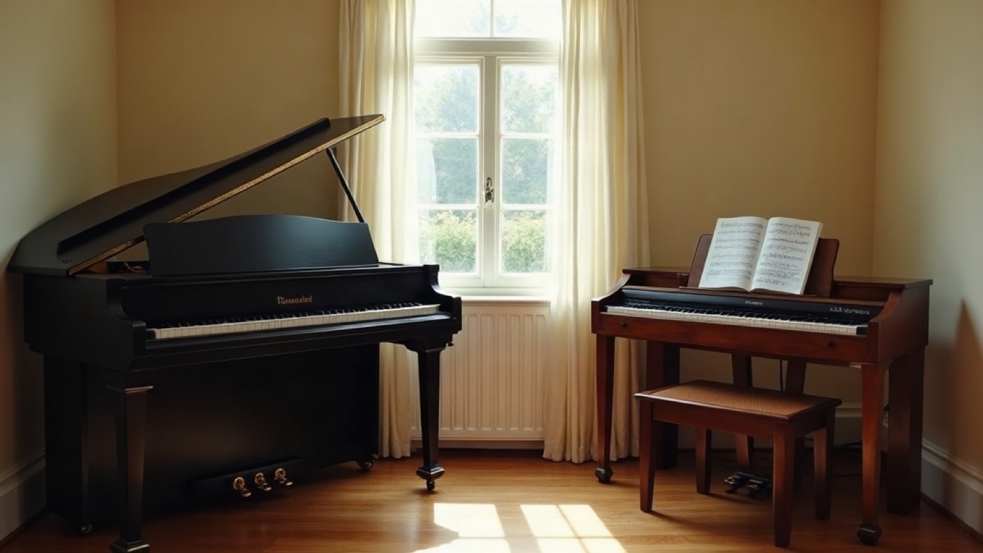 Grand piano and a small practice keyboard in a quiet music room