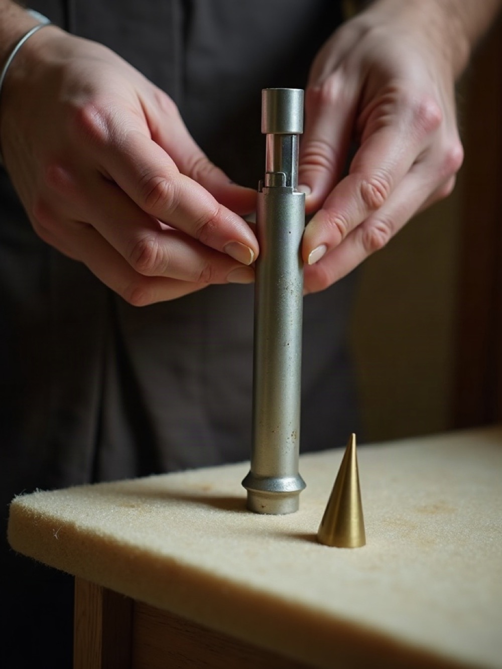Hands holding a metal organ pipe over a felt bench with a brass voicing tool