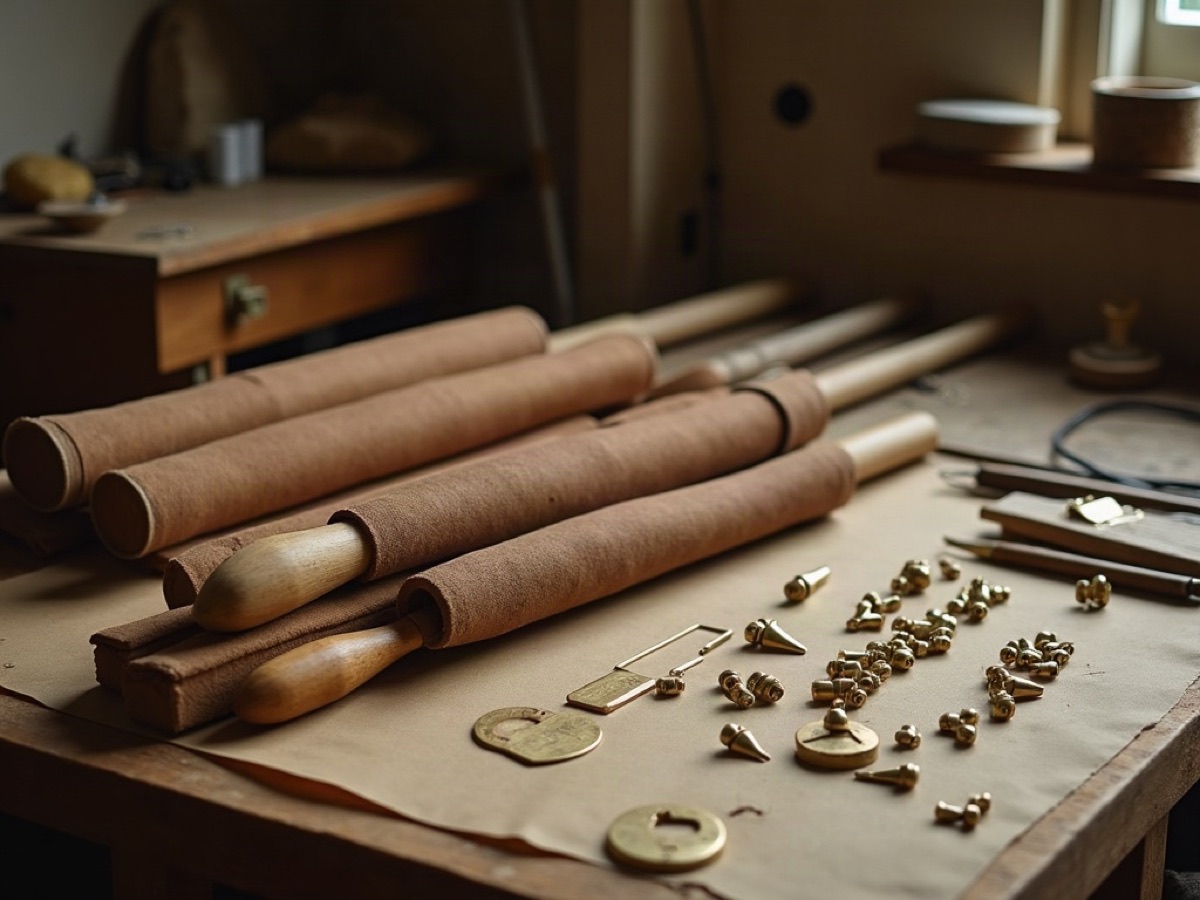 Workshop bench with wooden organ pipes, leather gussets, and brass fittings